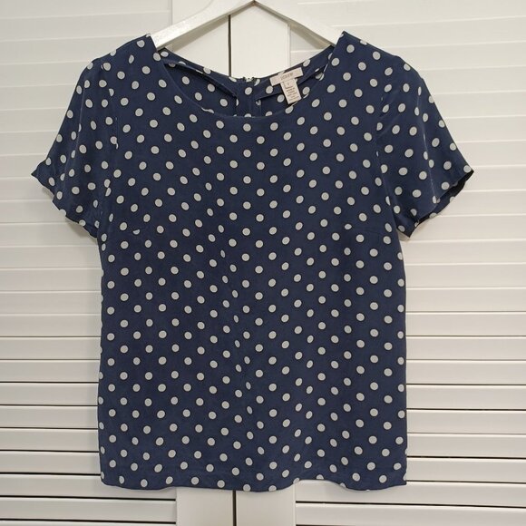 J Crew Blouse 100% Silk Dark Navy Blue Polka Dot Back Zip Size 2 - Picture 1 of 9